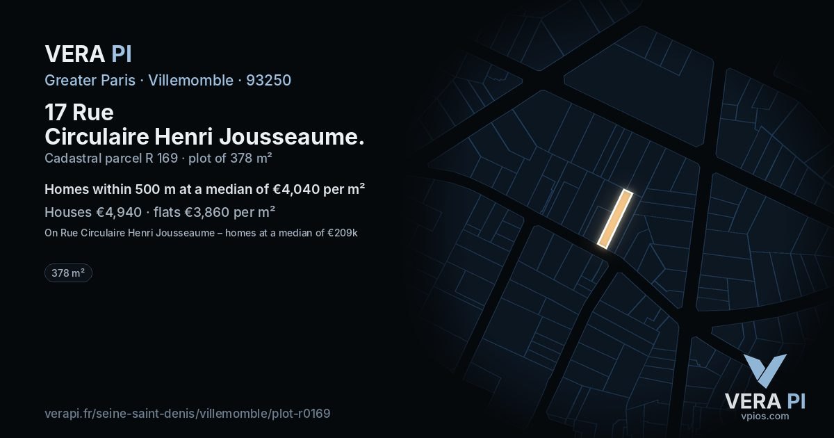 17 Rue Circulaire Henri Jousseaume, Villemomble at night – the plot lit, the parcels around coloured by the prices near them