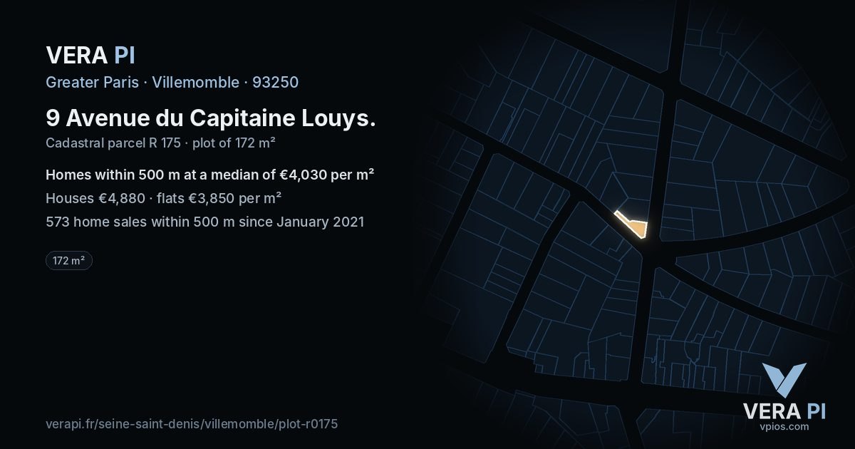 9 Avenue du Capitaine Louys, Villemomble at night – the plot lit, the parcels around coloured by the prices near them
