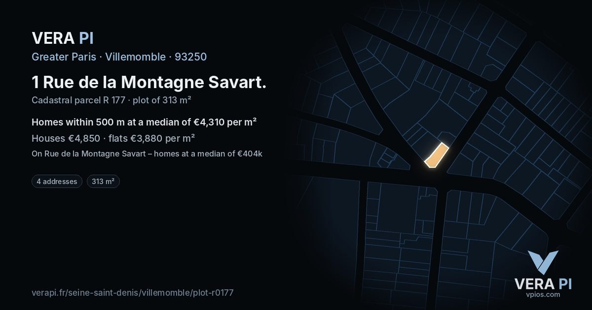 1 Rue de la Montagne Savart, Villemomble at night – the plot lit, the parcels around coloured by the prices near them