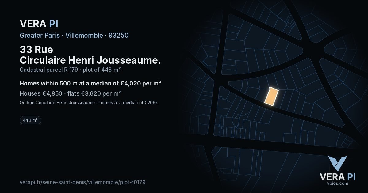 33 Rue Circulaire Henri Jousseaume, Villemomble at night – the plot lit, the parcels around coloured by the prices near them