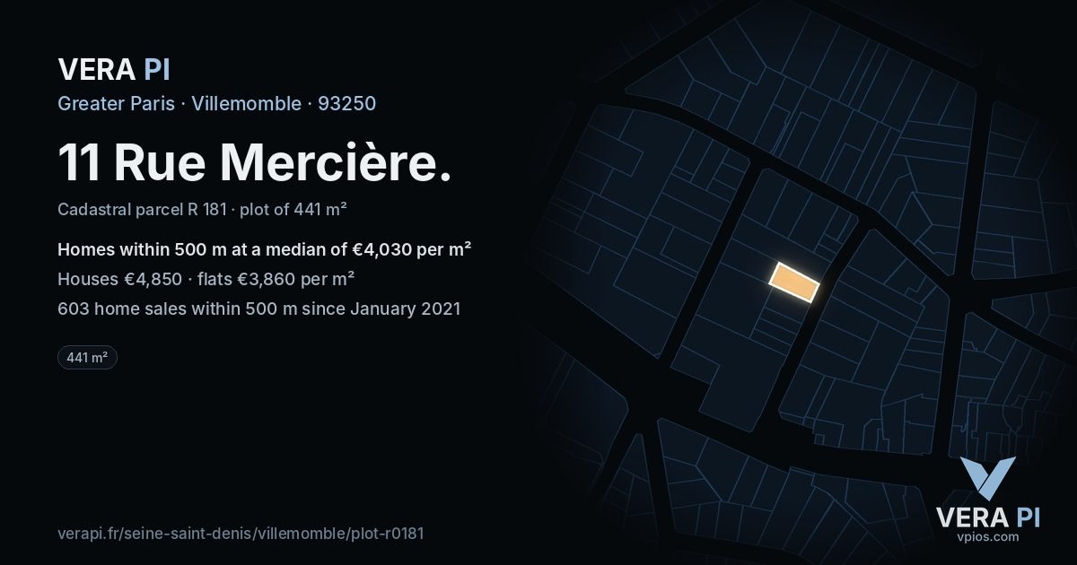 11 Rue Mercière, Villemomble at night – the plot lit, the parcels around coloured by the prices near them