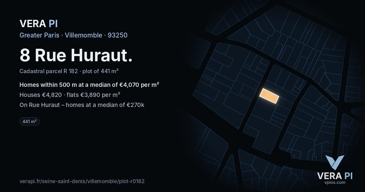 8 Rue Huraut, Villemomble at night – the plot lit, the parcels around coloured by the prices near them