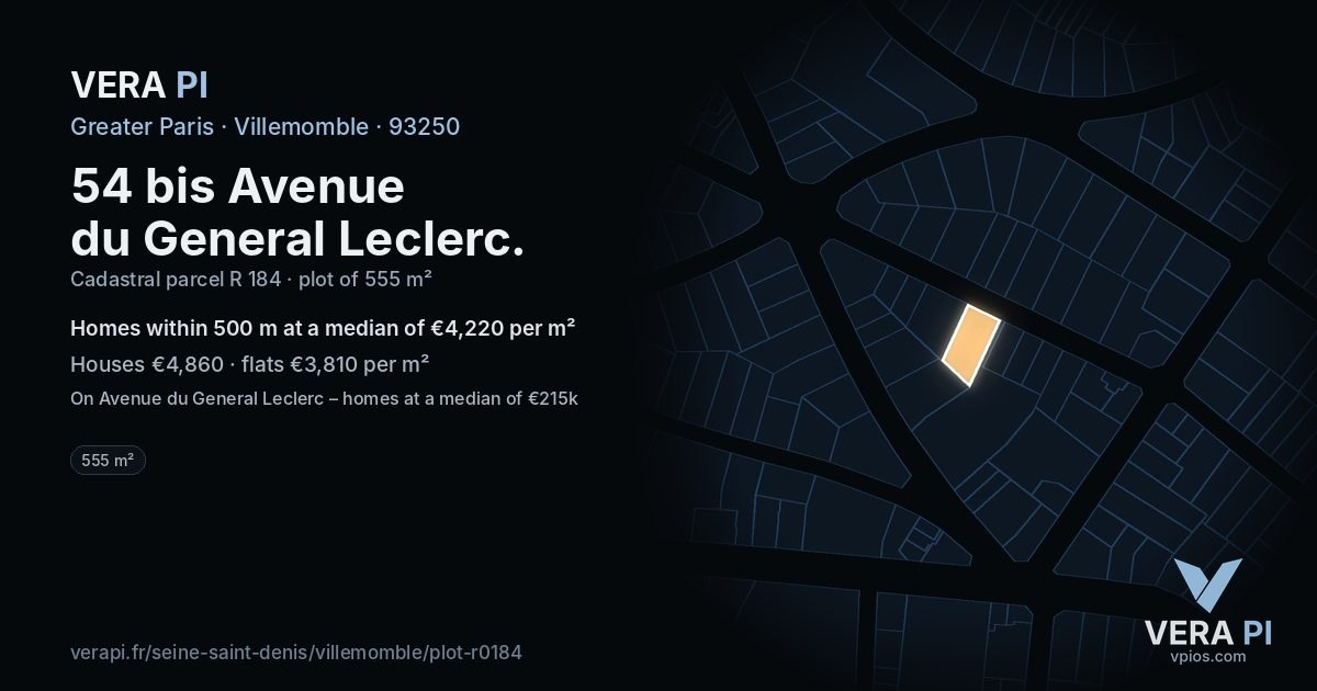 54 bis Avenue du General Leclerc, Villemomble at night – the plot lit, the parcels around coloured by the prices near them