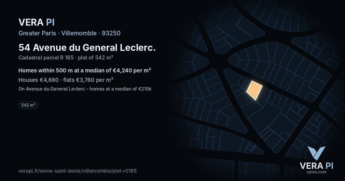 54 Avenue du General Leclerc, Villemomble at night – the plot lit, the parcels around coloured by the prices near them