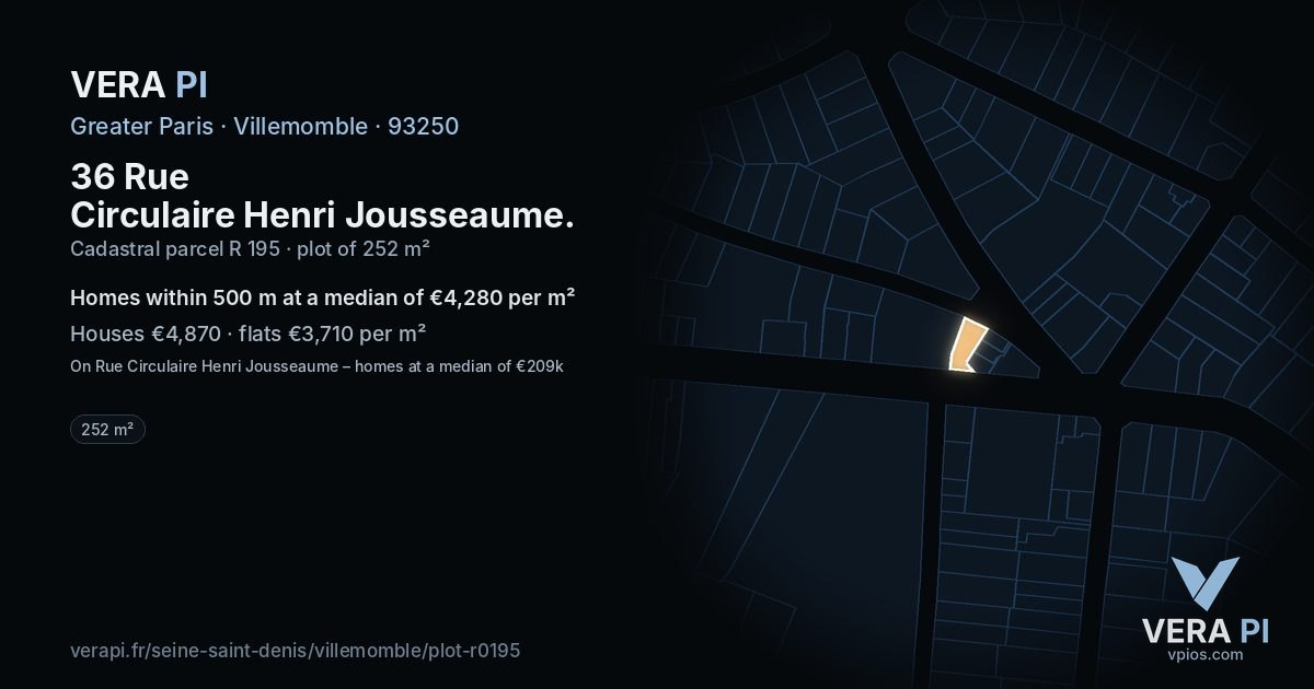 36 Rue Circulaire Henri Jousseaume, Villemomble at night – the plot lit, the parcels around coloured by the prices near them