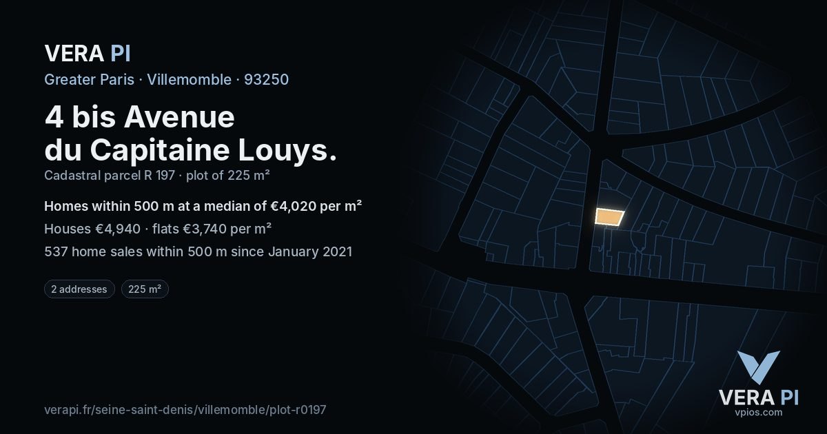 4 bis Avenue du Capitaine Louys, Villemomble at night – the plot lit, the parcels around coloured by the prices near them