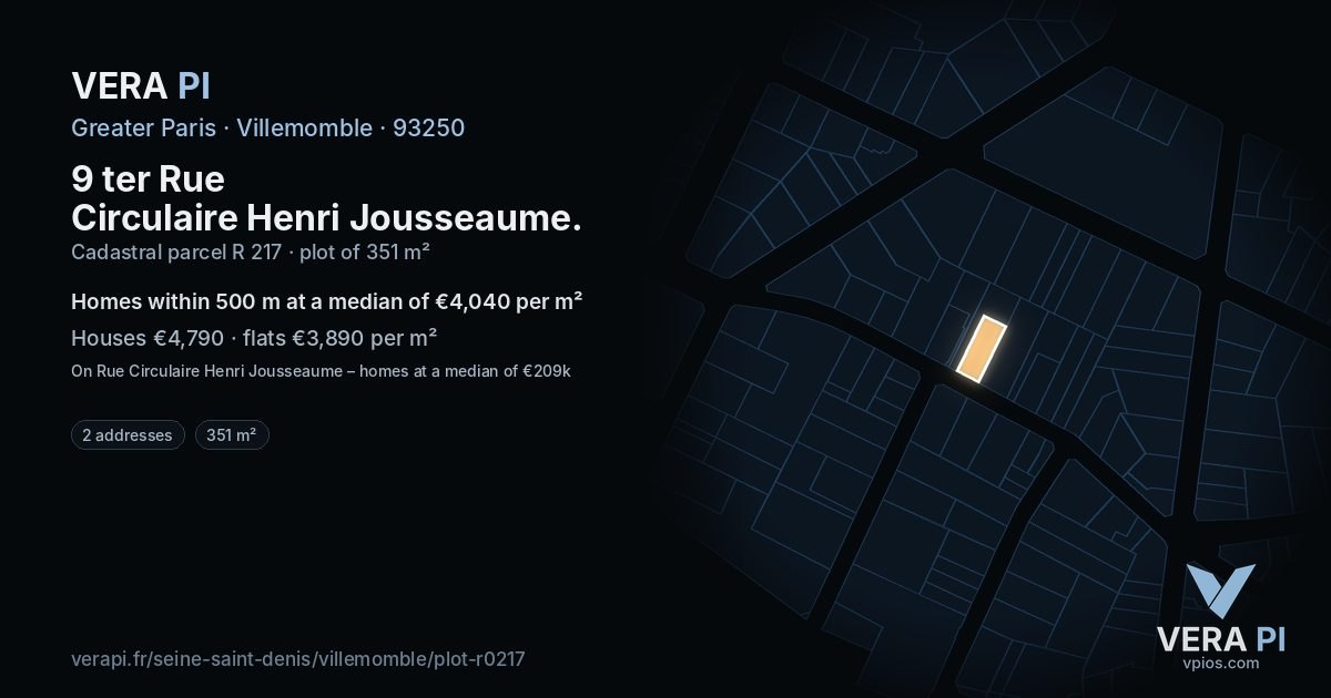 9 ter Rue Circulaire Henri Jousseaume, Villemomble at night – the plot lit, the parcels around coloured by the prices near them