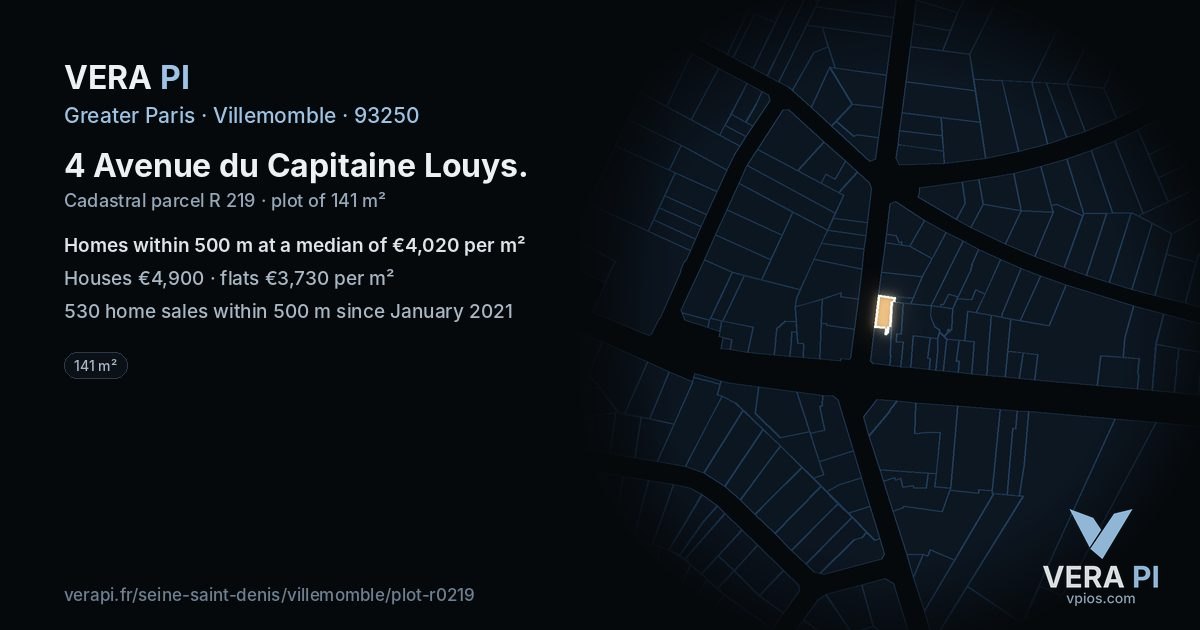 4 Avenue du Capitaine Louys, Villemomble at night – the plot lit, the parcels around coloured by the prices near them