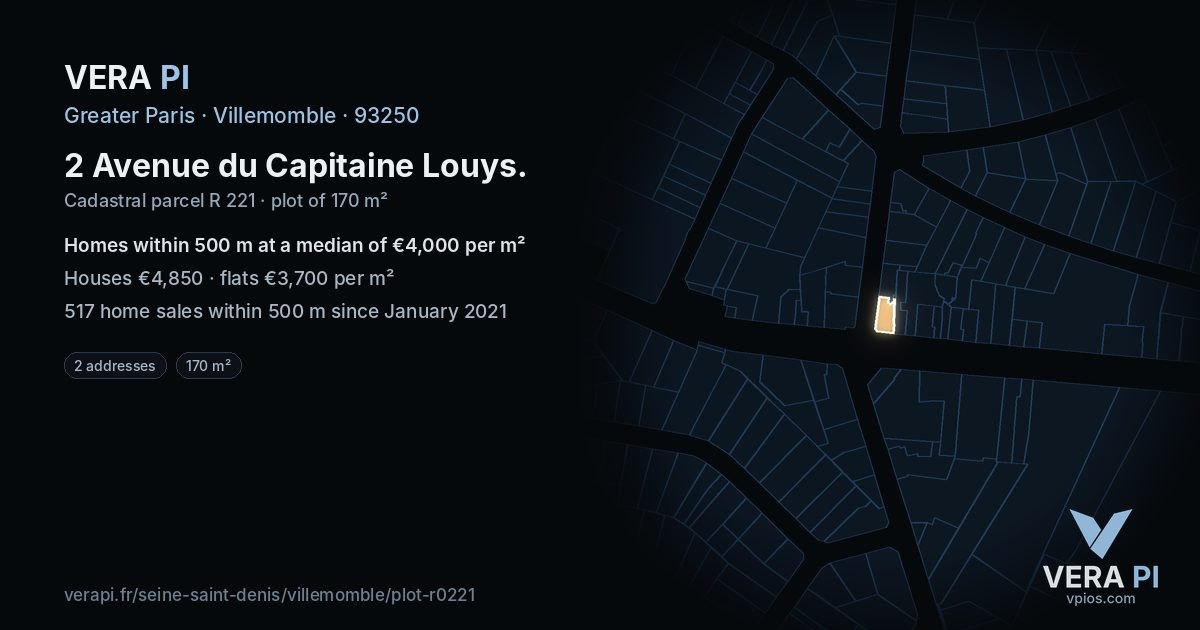 2 Avenue du Capitaine Louys, Villemomble at night – the plot lit, the parcels around coloured by the prices near them