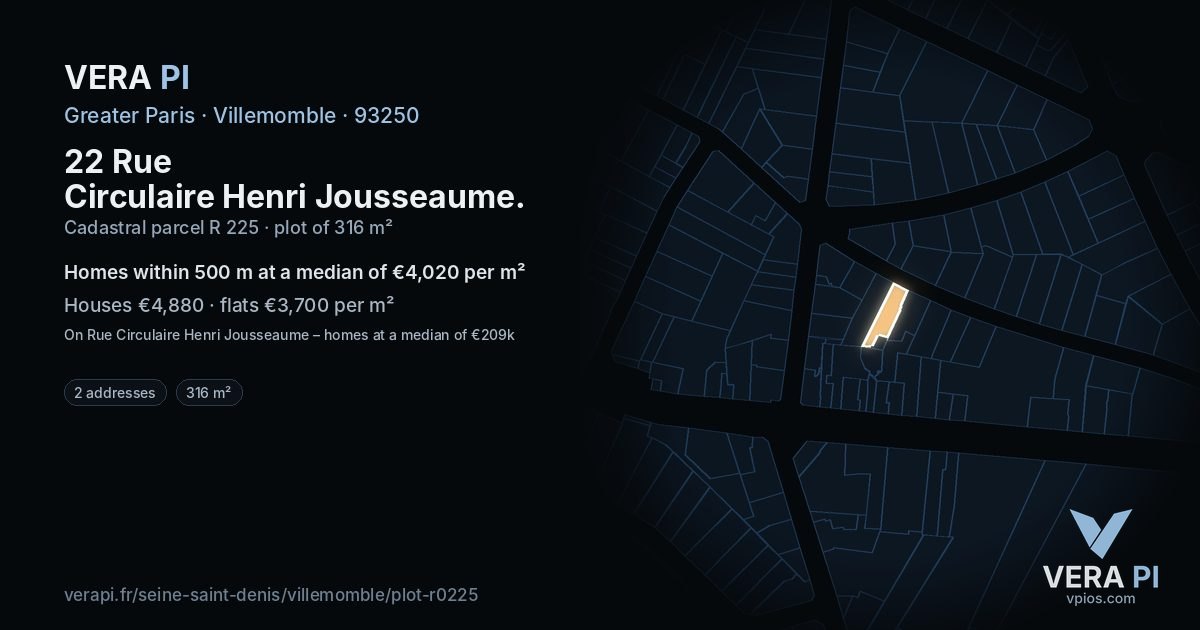 22 Rue Circulaire Henri Jousseaume, Villemomble at night – the plot lit, the parcels around coloured by the prices near them