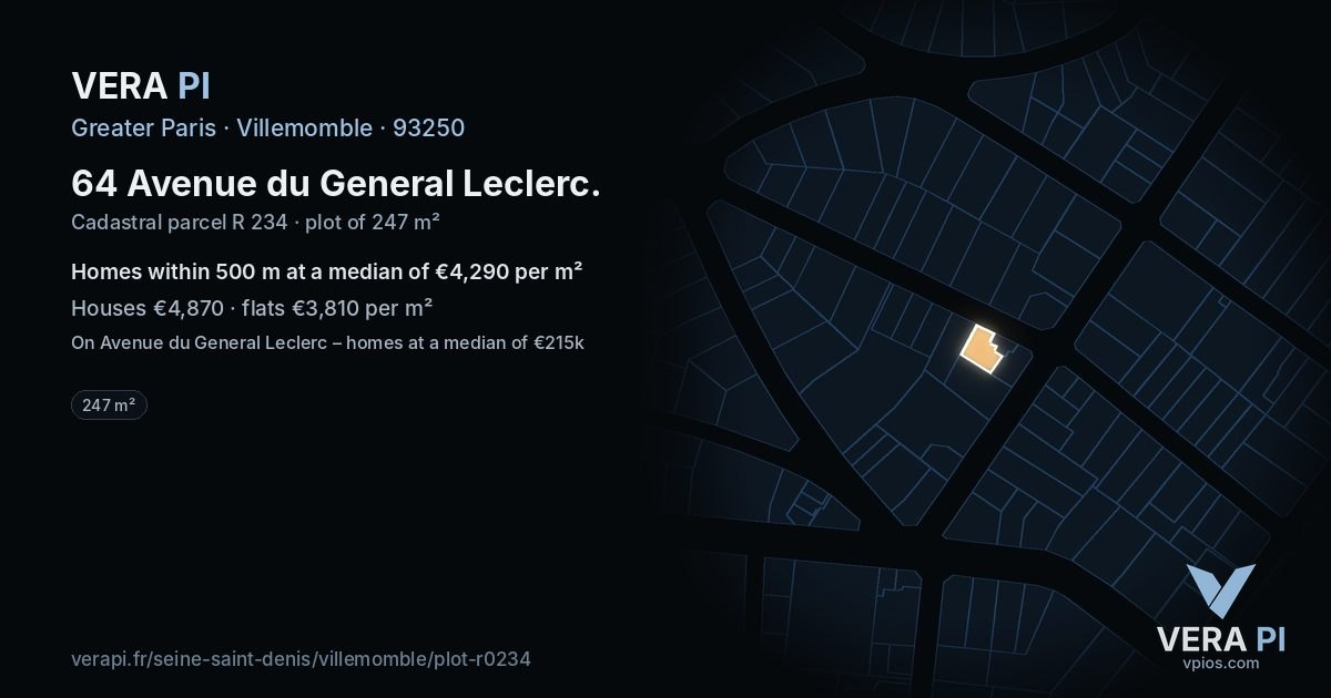 64 Avenue du General Leclerc, Villemomble at night – the plot lit, the parcels around coloured by the prices near them