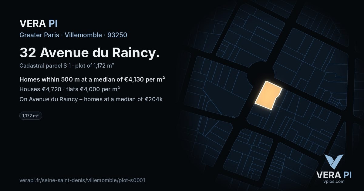 32 Avenue du Raincy, Villemomble at night – the plot lit, the parcels around coloured by the prices near them