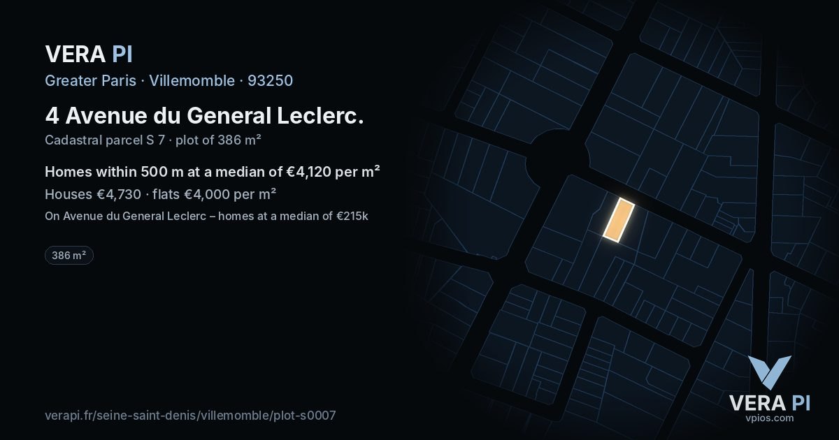 4 Avenue du General Leclerc, Villemomble at night – the plot lit, the parcels around coloured by the prices near them