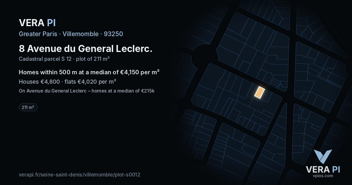8 Avenue du General Leclerc, Villemomble at night – the plot lit, the parcels around coloured by the prices near them
