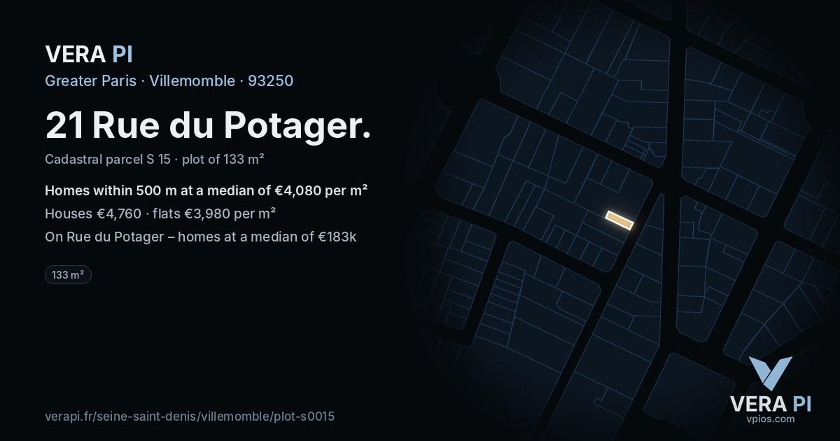 21 Rue du Potager, Villemomble at night – the plot lit, the parcels around coloured by the prices near them