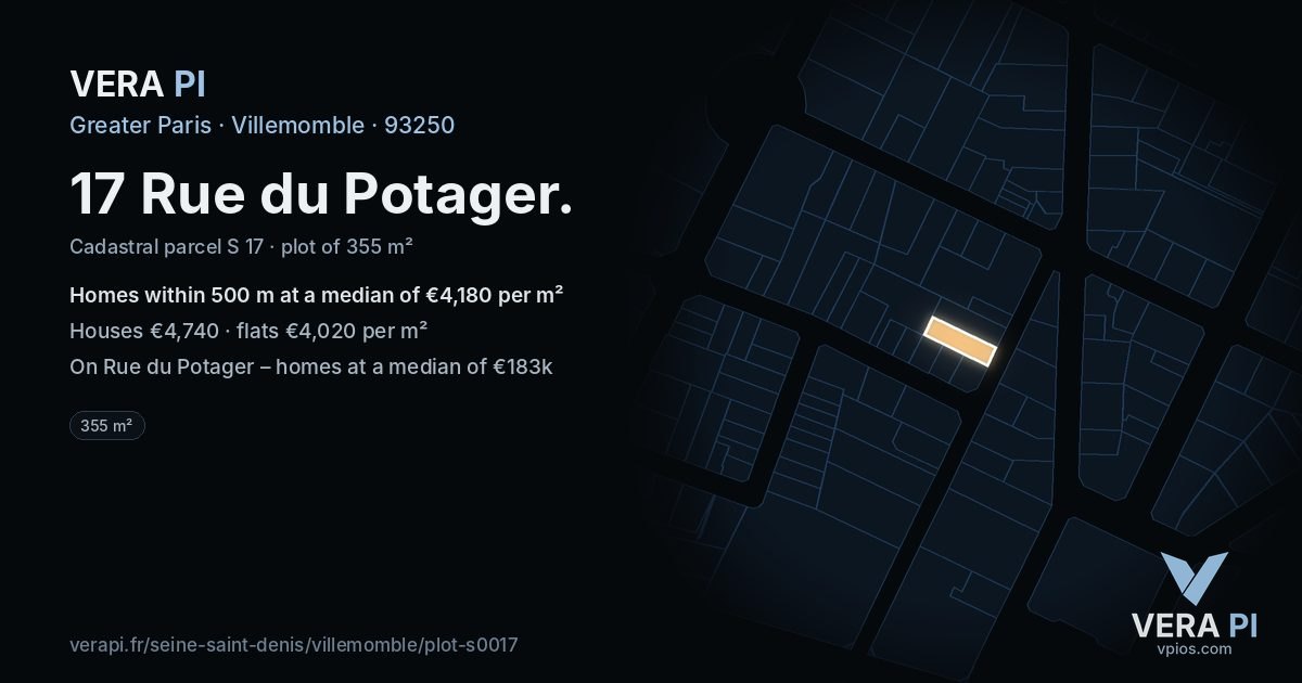 17 Rue du Potager, Villemomble at night – the plot lit, the parcels around coloured by the prices near them