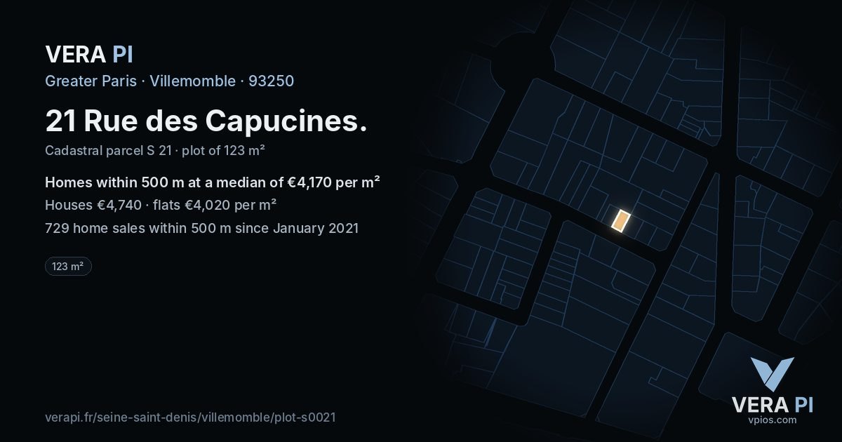 21 Rue des Capucines, Villemomble at night – the plot lit, the parcels around coloured by the prices near them