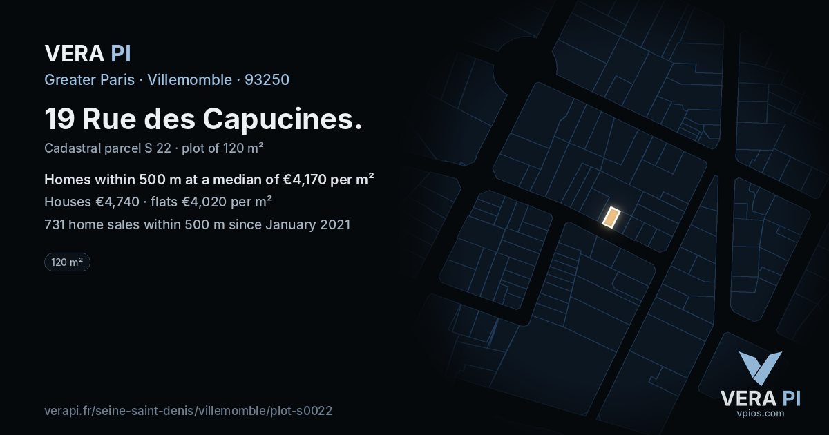 19 Rue des Capucines, Villemomble at night – the plot lit, the parcels around coloured by the prices near them