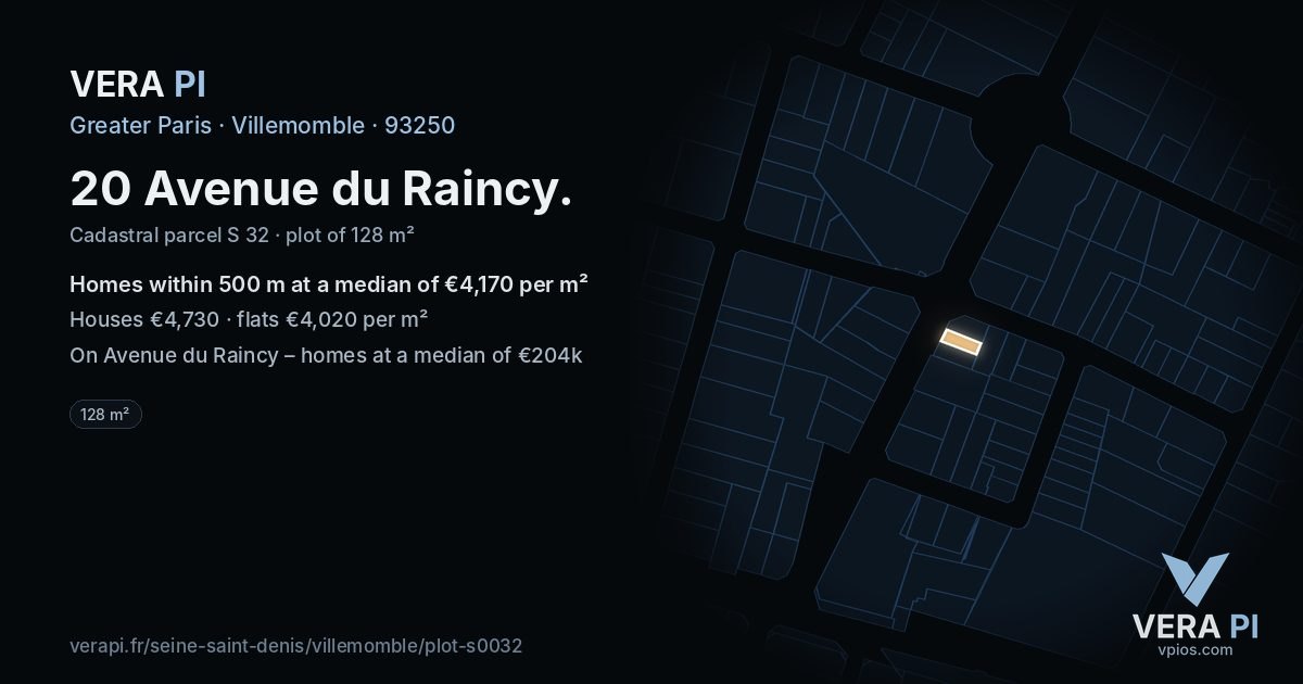 20 Avenue du Raincy, Villemomble at night – the plot lit, the parcels around coloured by the prices near them