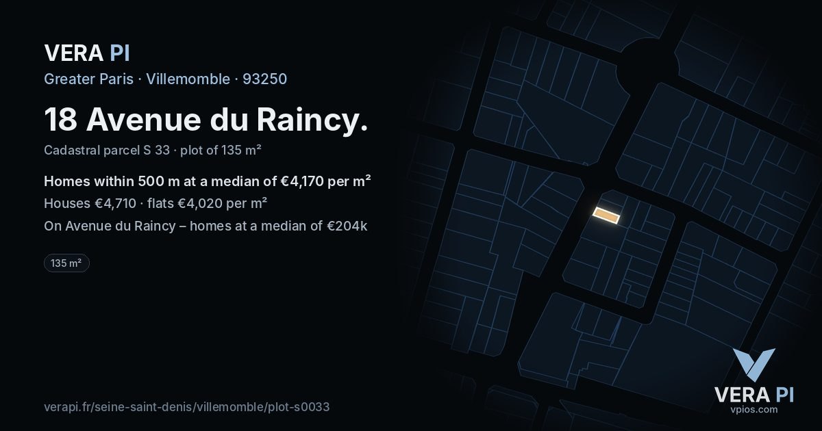 18 Avenue du Raincy, Villemomble at night – the plot lit, the parcels around coloured by the prices near them