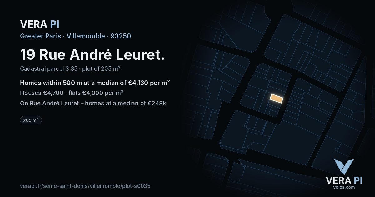19 Rue André Leuret, Villemomble at night – the plot lit, the parcels around coloured by the prices near them