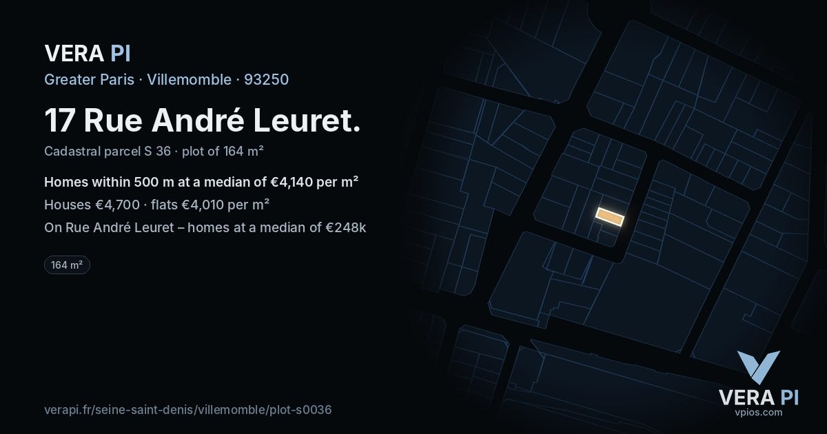 17 Rue André Leuret, Villemomble at night – the plot lit, the parcels around coloured by the prices near them