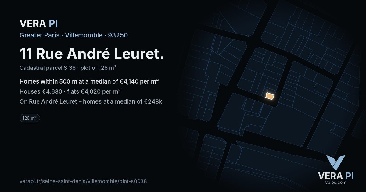 11 Rue André Leuret, Villemomble at night – the plot lit, the parcels around coloured by the prices near them