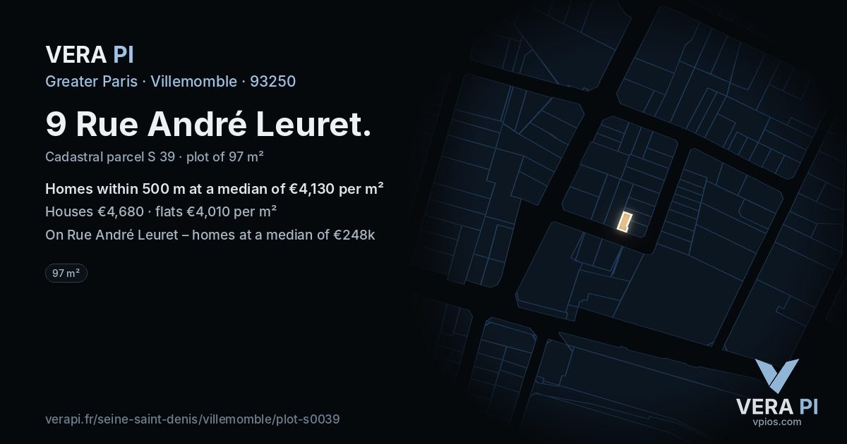 9 Rue André Leuret, Villemomble at night – the plot lit, the parcels around coloured by the prices near them