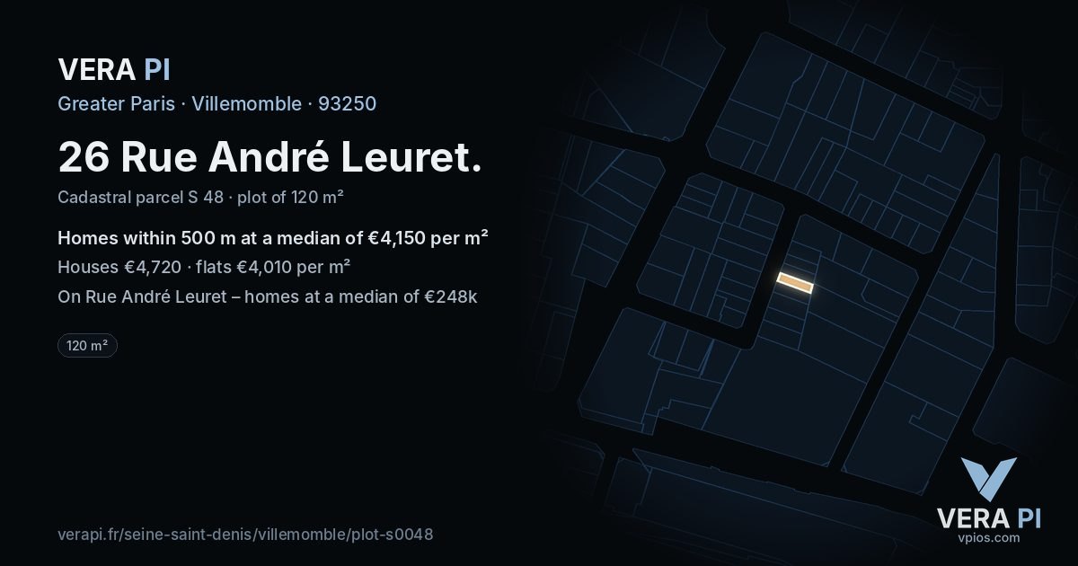 26 Rue André Leuret, Villemomble at night – the plot lit, the parcels around coloured by the prices near them