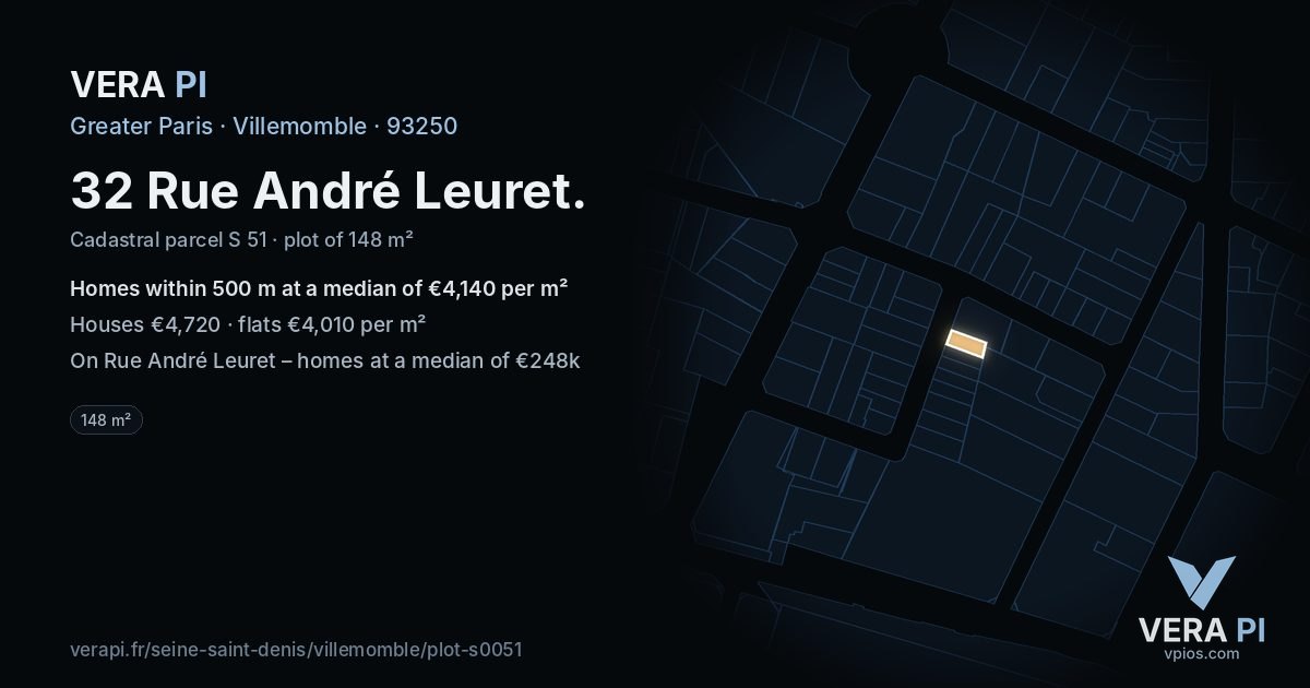 32 Rue André Leuret, Villemomble at night – the plot lit, the parcels around coloured by the prices near them