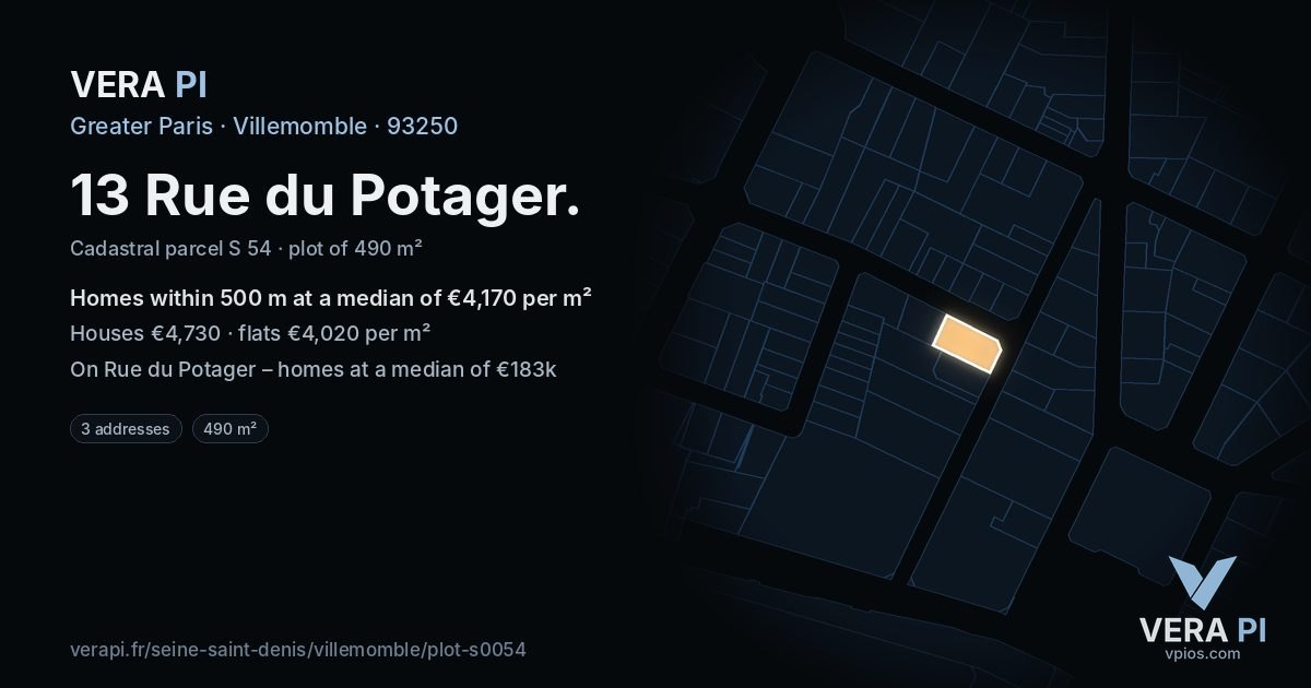 13 Rue du Potager, Villemomble at night – the plot lit, the parcels around coloured by the prices near them