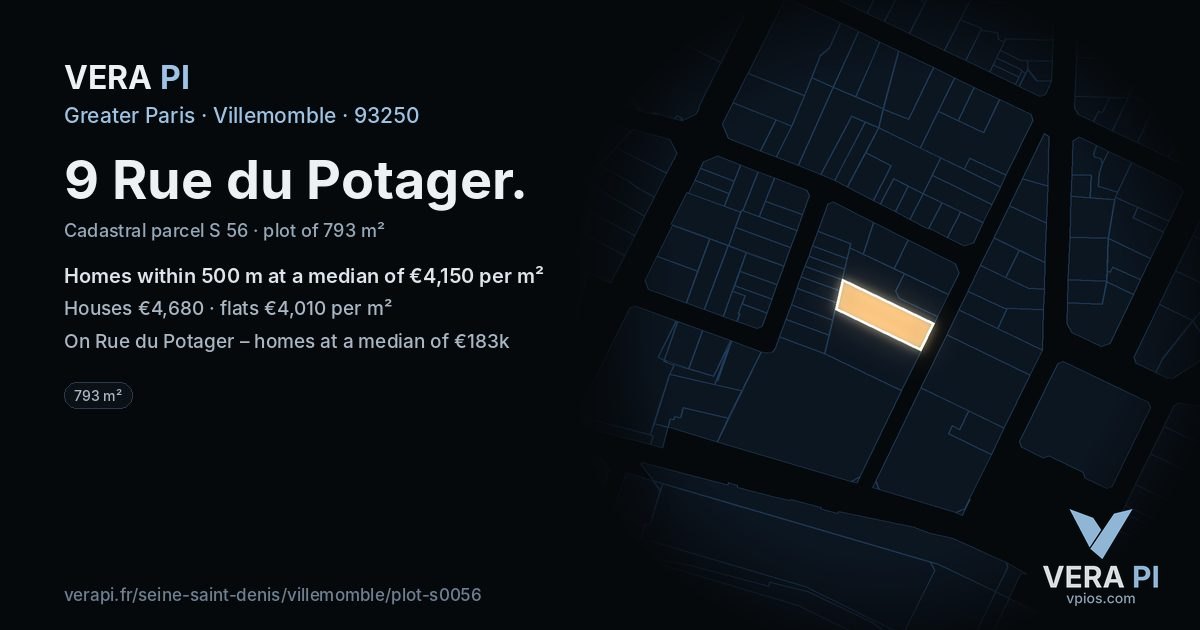 9 Rue du Potager, Villemomble at night – the plot lit, the parcels around coloured by the prices near them