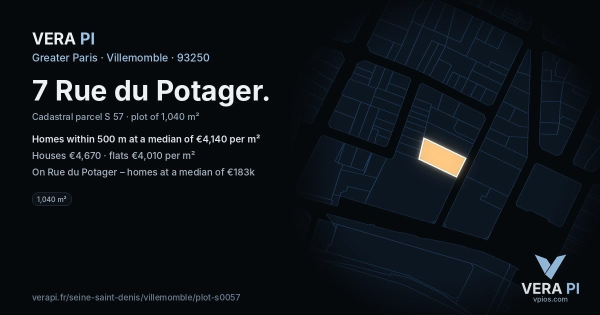 7 Rue du Potager, Villemomble at night – the plot lit, the parcels around coloured by the prices near them