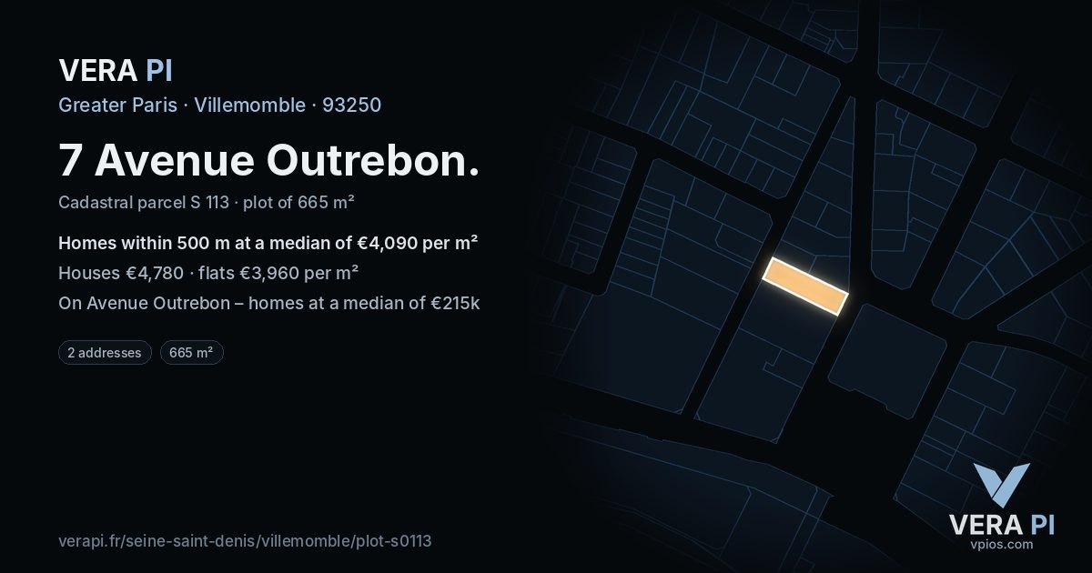 7 Avenue Outrebon, Villemomble at night – the plot lit, the parcels around coloured by the prices near them