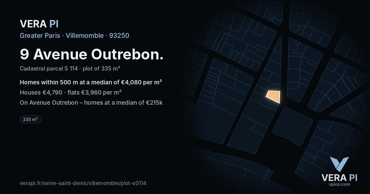 9 Avenue Outrebon, Villemomble at night – the plot lit, the parcels around coloured by the prices near them