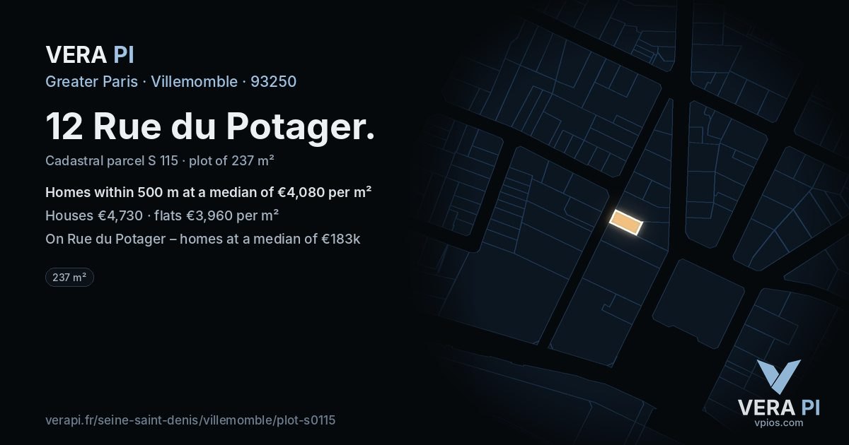 12 Rue du Potager, Villemomble at night – the plot lit, the parcels around coloured by the prices near them