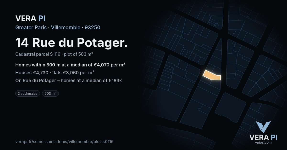 14 Rue du Potager, Villemomble at night – the plot lit, the parcels around coloured by the prices near them