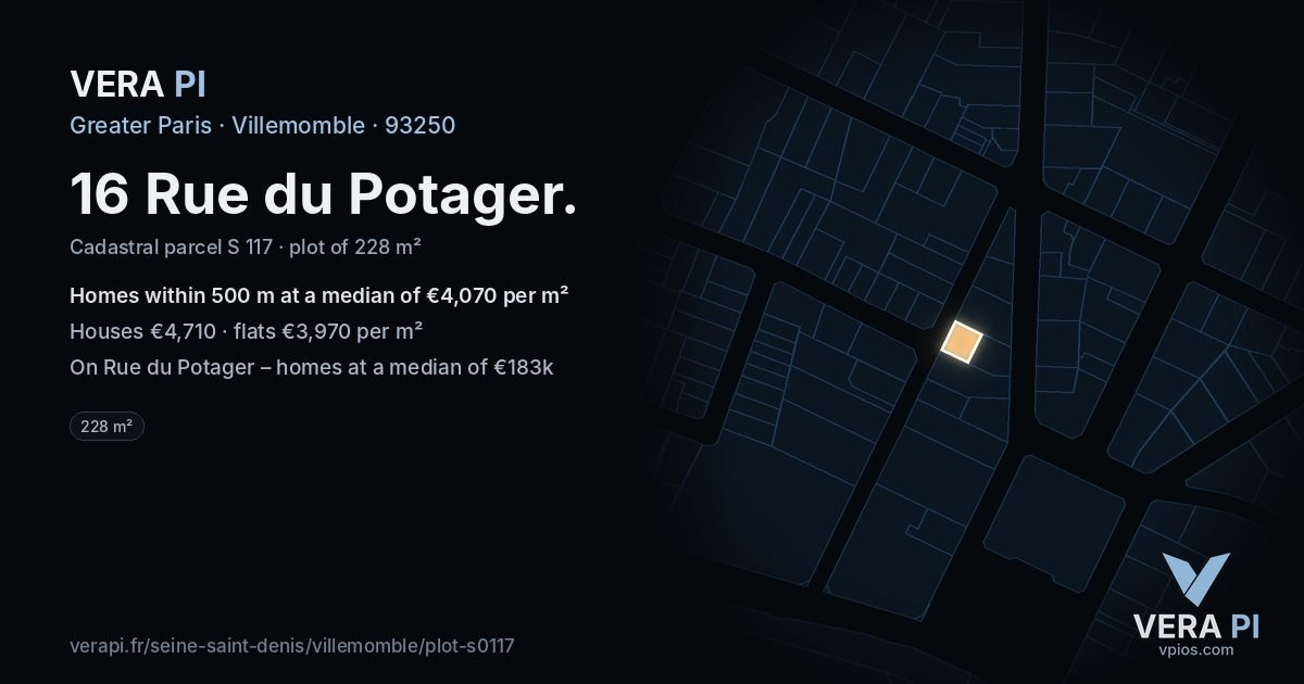 16 Rue du Potager, Villemomble at night – the plot lit, the parcels around coloured by the prices near them