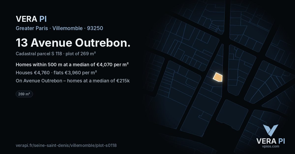13 Avenue Outrebon, Villemomble at night – the plot lit, the parcels around coloured by the prices near them