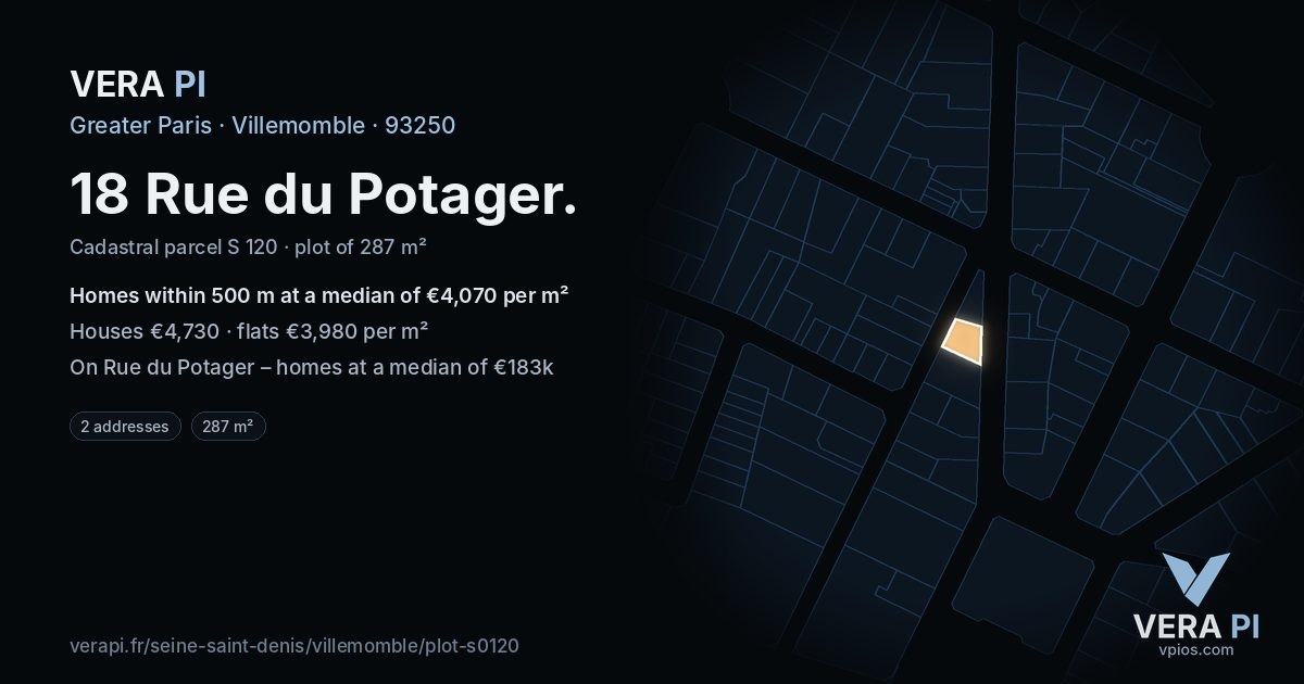 18 Rue du Potager, Villemomble at night – the plot lit, the parcels around coloured by the prices near them