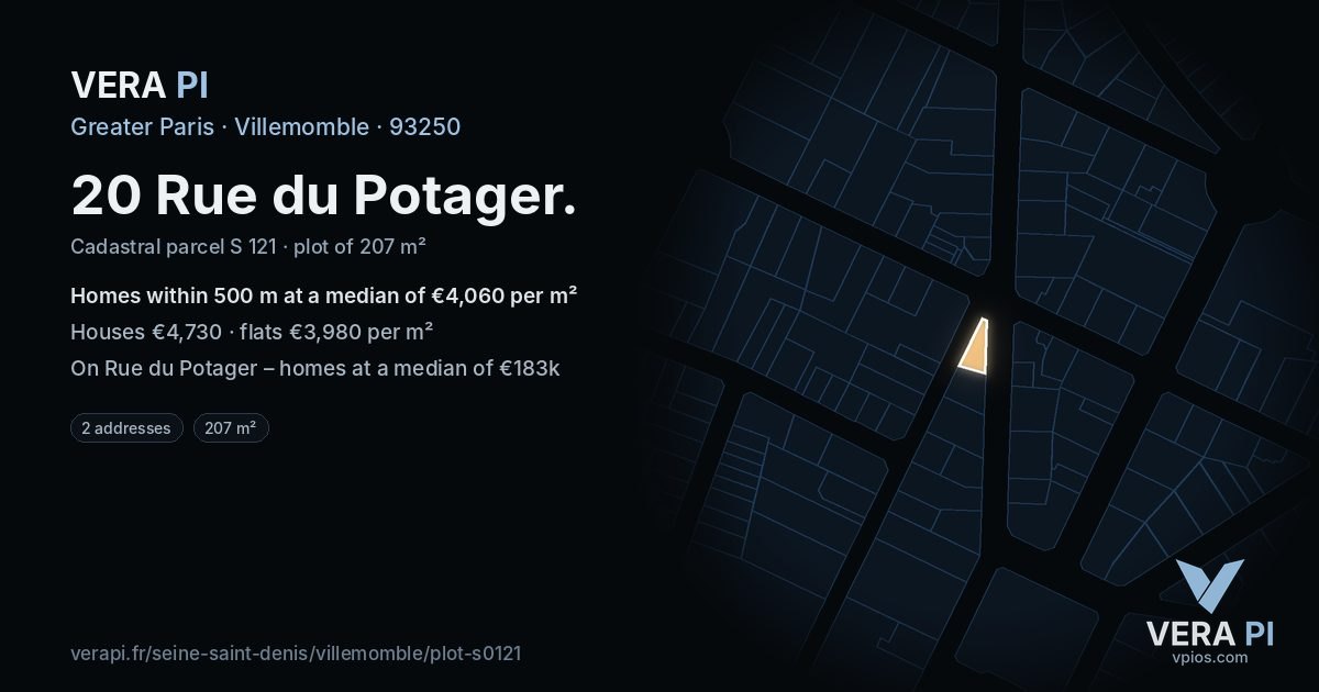 20 Rue du Potager, Villemomble at night – the plot lit, the parcels around coloured by the prices near them