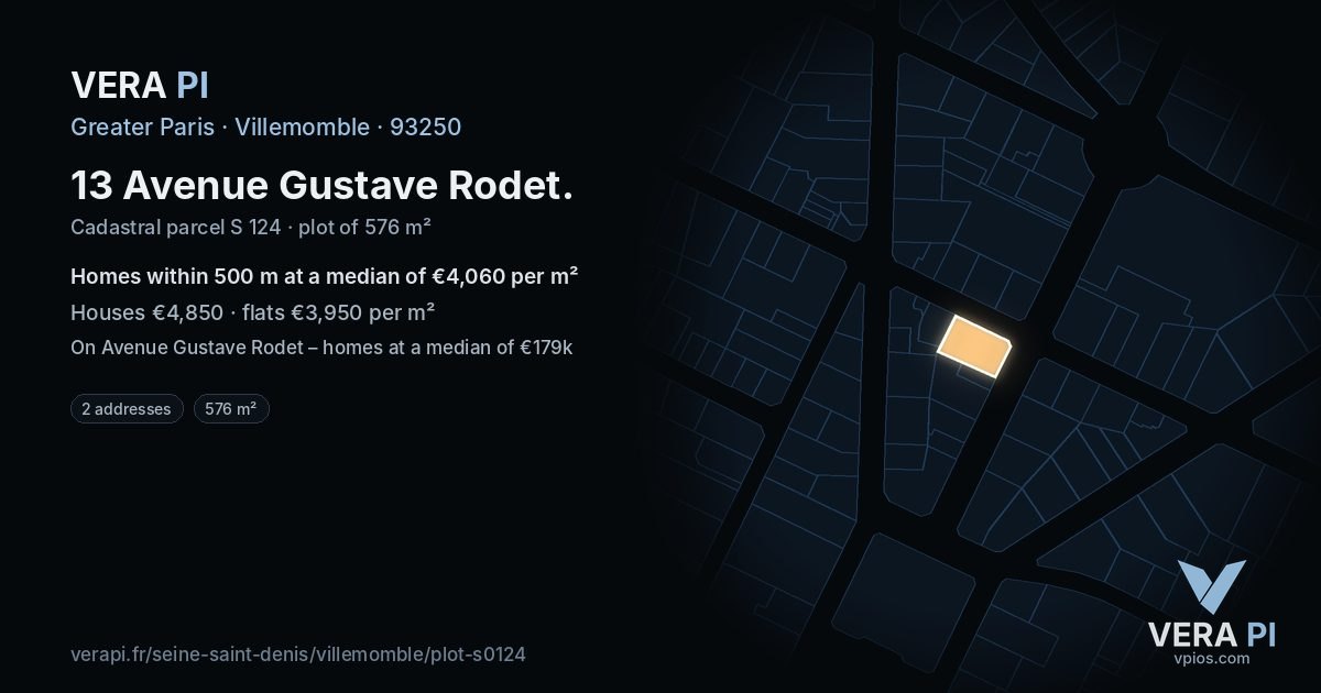 13 Avenue Gustave Rodet, Villemomble at night – the plot lit, the parcels around coloured by the prices near them
