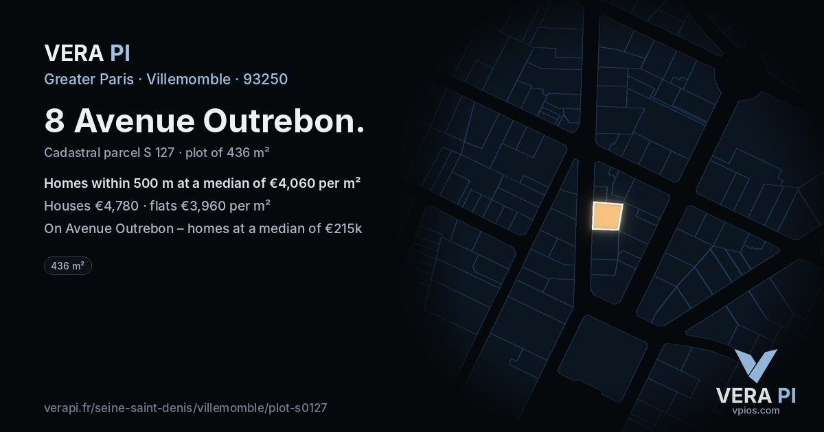 8 Avenue Outrebon, Villemomble at night – the plot lit, the parcels around coloured by the prices near them