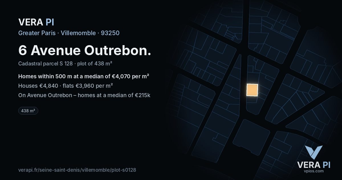 6 Avenue Outrebon, Villemomble at night – the plot lit, the parcels around coloured by the prices near them