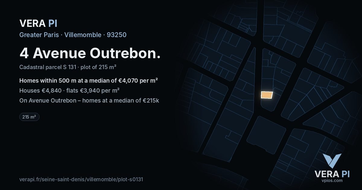 4 Avenue Outrebon, Villemomble at night – the plot lit, the parcels around coloured by the prices near them