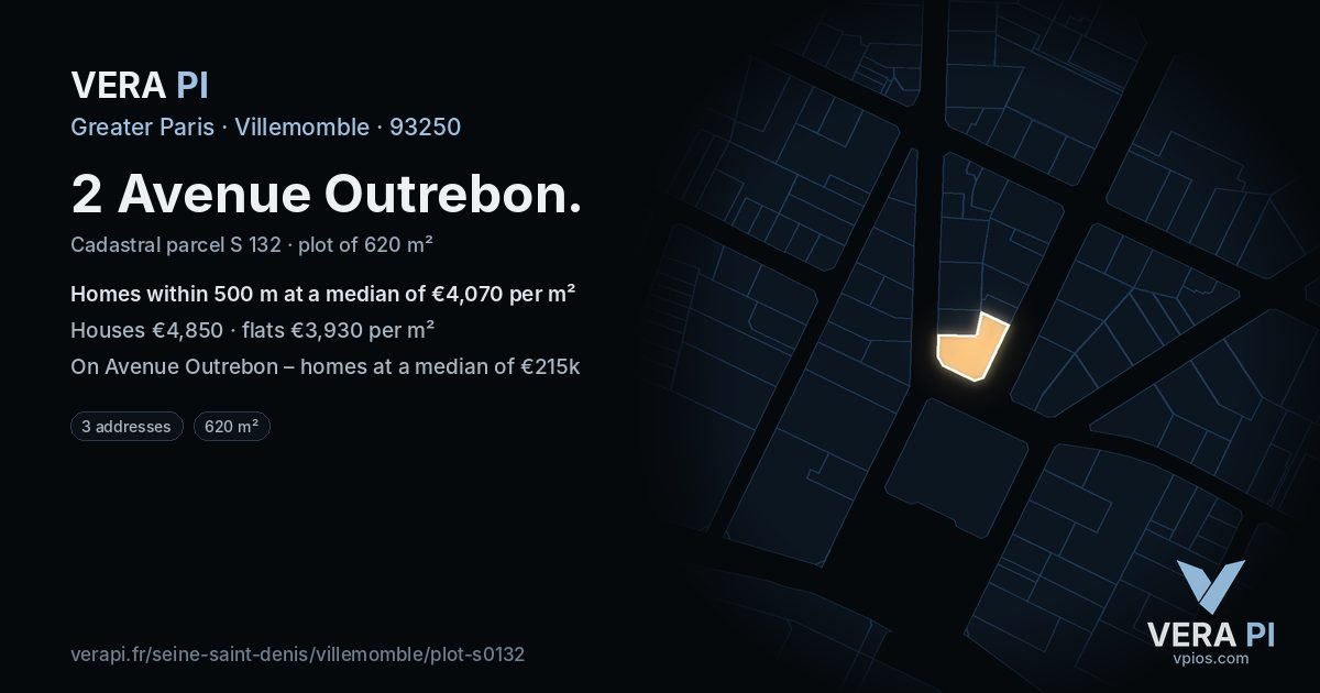 2 Avenue Outrebon, Villemomble at night – the plot lit, the parcels around coloured by the prices near them