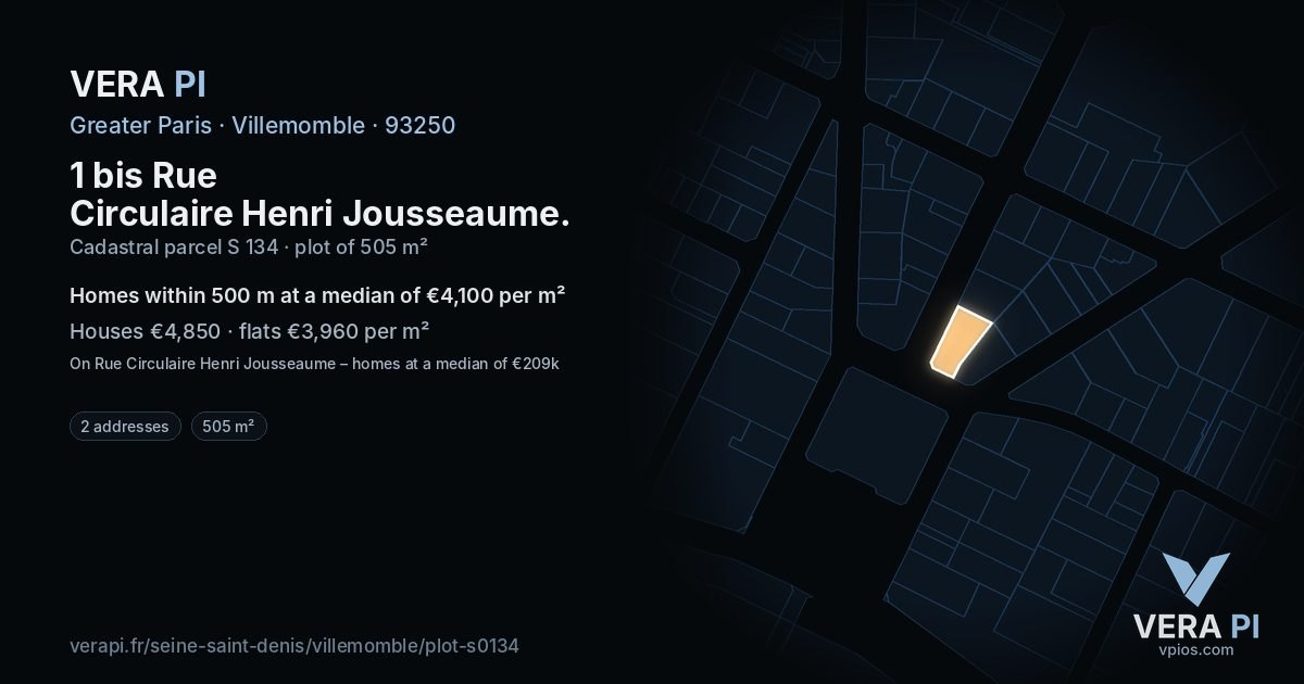 1 bis Rue Circulaire Henri Jousseaume, Villemomble at night – the plot lit, the parcels around coloured by the prices near them