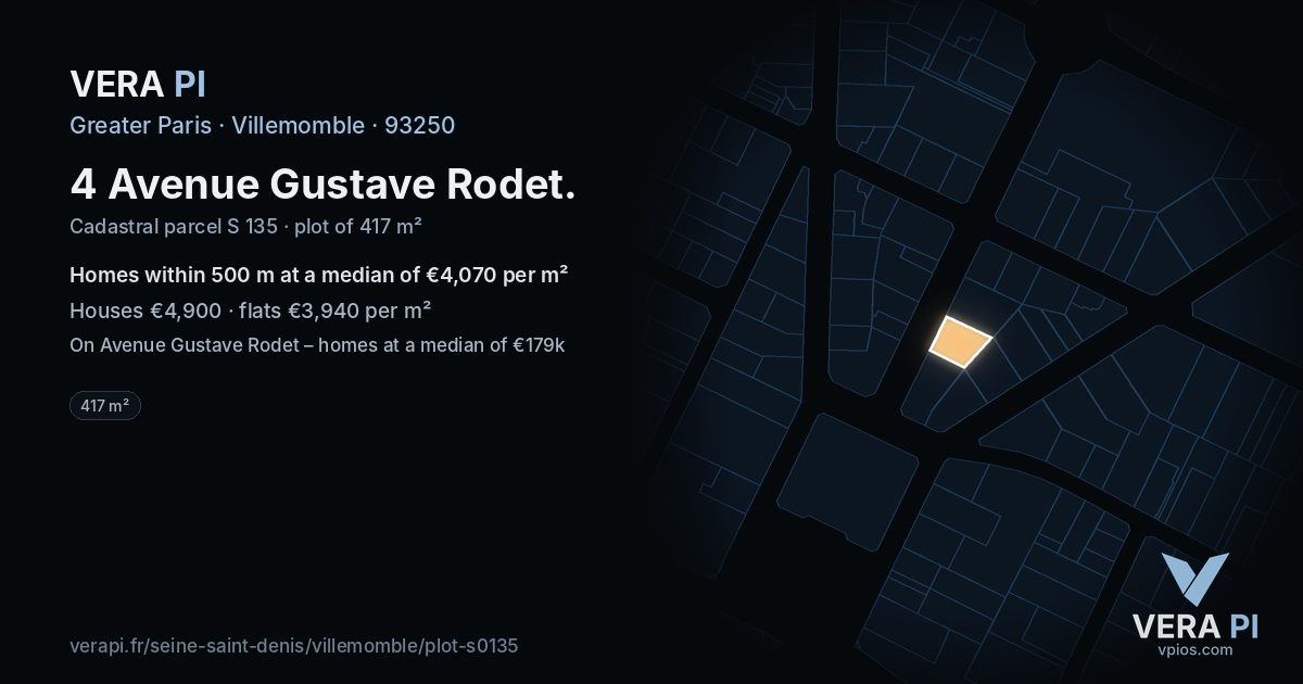 4 Avenue Gustave Rodet, Villemomble at night – the plot lit, the parcels around coloured by the prices near them