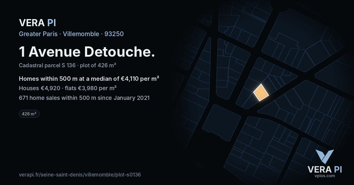 1 Avenue Detouche, Villemomble at night – the plot lit, the parcels around coloured by the prices near them