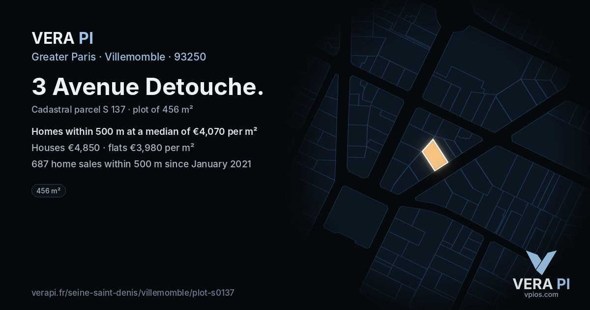 3 Avenue Detouche, Villemomble at night – the plot lit, the parcels around coloured by the prices near them